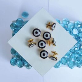 White and blue enamel buttons